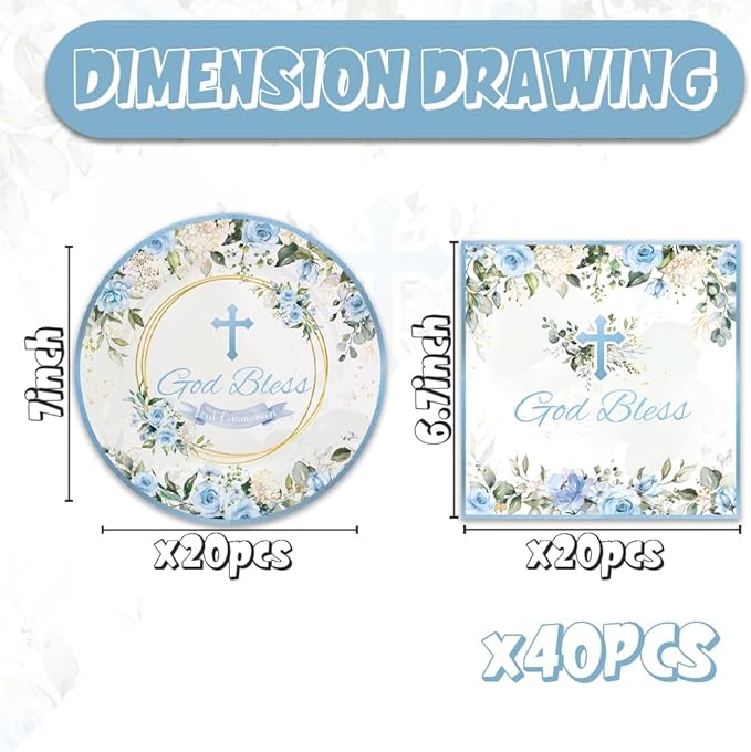 40Pcs Blue God Bless Party Supplies Tableware Set 20 Plates and 20 Napkins for God Bless Party Decoration Serve 20 Guests