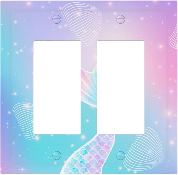 Mermaid Double Rocker Light Switch Cover Rainbow Tail Scales Jelly Fish 2 Gang Outlet Covers Switchplates Decorative Electrical Wall Plate for Nursery Girls Boys Room Kids Room