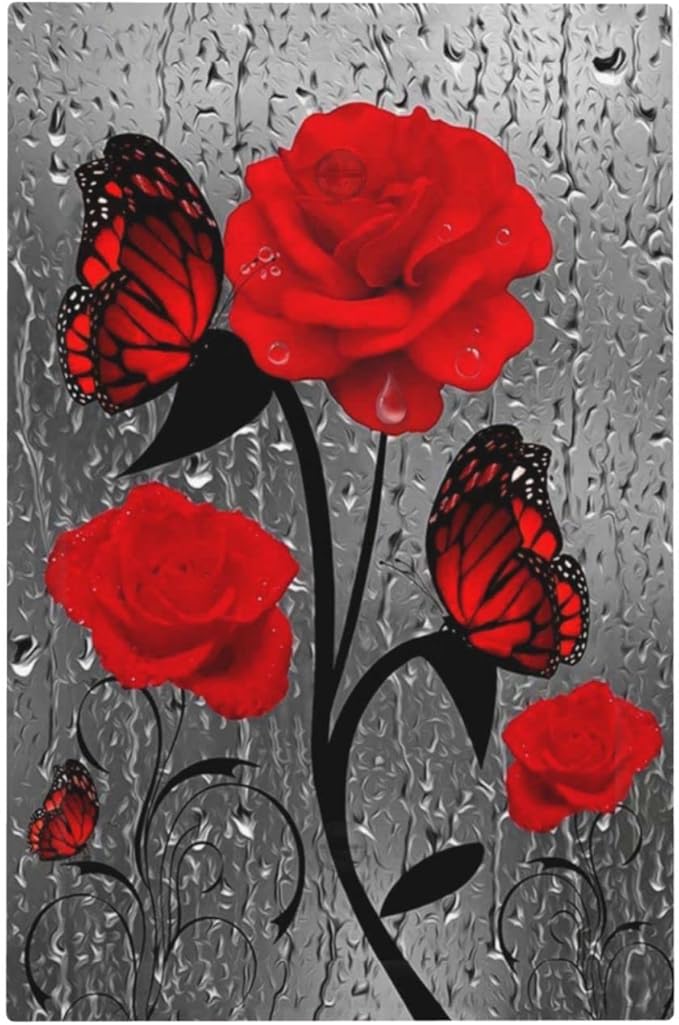 Butterfly Red Rose Flower 1 Gang Light Switch Cover No Decive Blank Wall Plate Decorative For Girls Bathroom Home Bedroom Art Panel Decorate 5" x 3