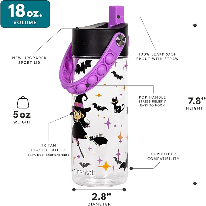 Elemental Water Bottles for Kids - Splash Kids Water Bottle for School with Pop-it Handle - BPA Free Tritan Plastic Water Bottle with Straw Leak Proof when Spout is Closed - Little Witch - 18oz