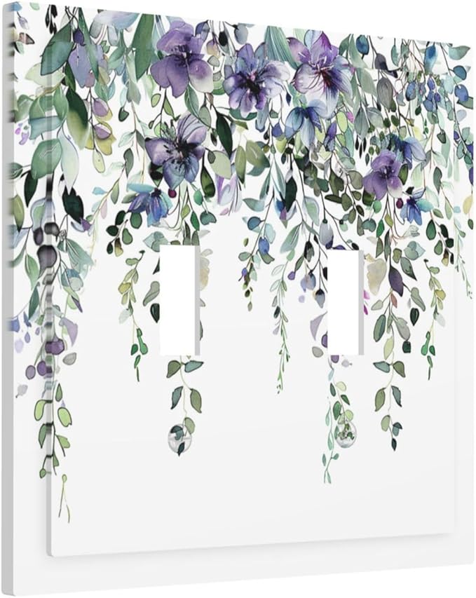 Light Switch Cover Plate Blue Purple Eucalyptus Leaves Boho Botanical 2 Gang Double Toggle Decorative Switch Plates Plug Cover Wall Plates Electrical Faceplate for Bathroom Home Decor