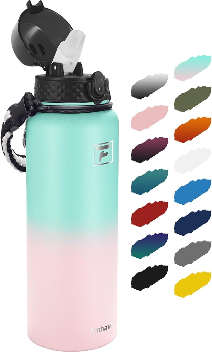 Fanhaw 40 oz Insulated Stainless Steel Water Bottle with Straw Lid, Leakproof Extra-Large Sports Bottle for Men & Women (Green Pink)