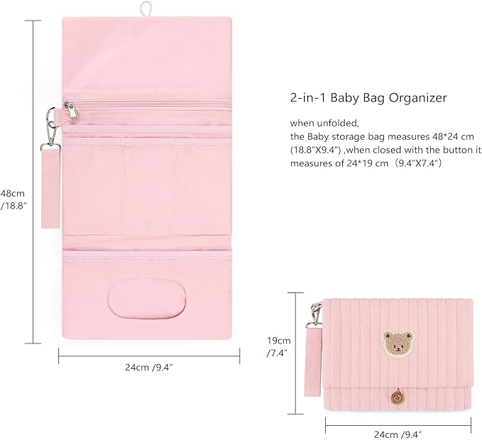 MOMIGO Baby Diaper Bag Organizer Pouches - Waterproof Pod Foldable Diaper Organizer Set, Cute Bear Bag Gift for Baby Shower (Pink)
