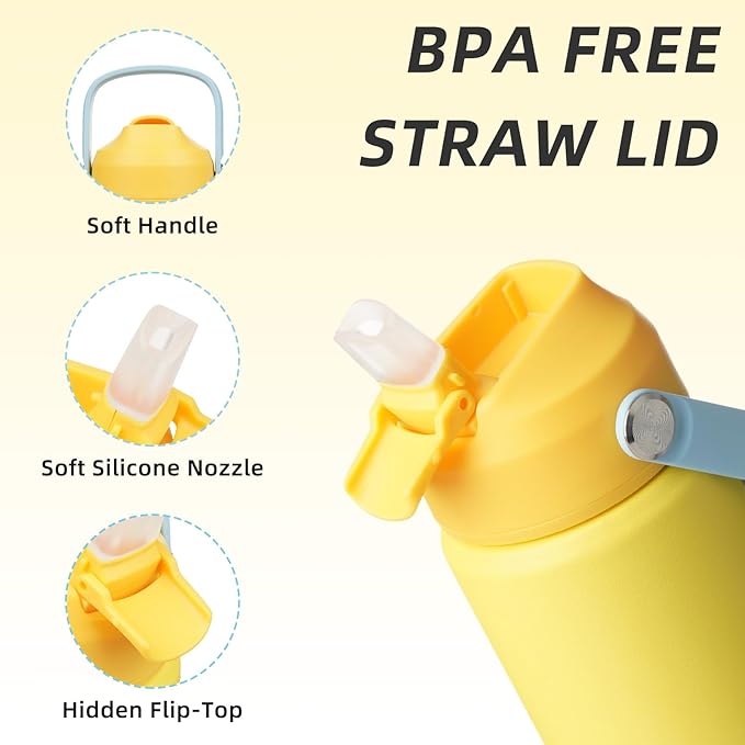 BJPKPK Insulated Water Bottle with Straw Lid, 12oz Thermo Water Bottles with Soft Nozzle, Flex Handle & Non-slip Boot, BPA Free Leak Proof Stainless Steel Metal Thermo, Tumblers, Cups,Yellow