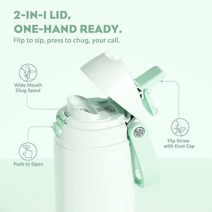 POWCAN 24 oz Vacuum Water Bottle for Office: Spill Proof Lid with Straw, Lightweight, Double Walled, BPA-Free, Insulated Stainless Steel Flask for College, Travel, Sport, Daily Use, Gift (Mint Green)
