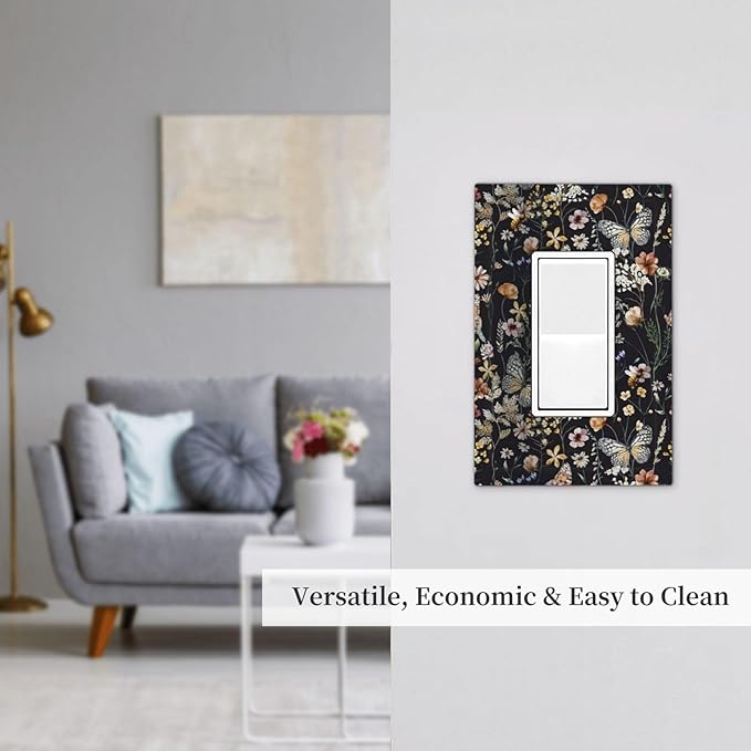 Butterfly Single Rocker Outlet Wall Plates Vintage Flower Leaves 1 Gang Light Switch Cover Decorative Dark Backgrounds Electrical GFCI Switchplate Cute Bees Dimmer Decor for Bedroom Kitchen Bathroom