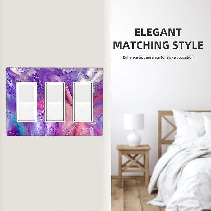 Liquid Marble Modern Abstract Texture Abstract Purple Paint Wall Art Light Switch Covers 3 Gang Rocker Decorative Triple Outlet Wall Plate Cover Switchplate Electrical Gfci for Office Living Room