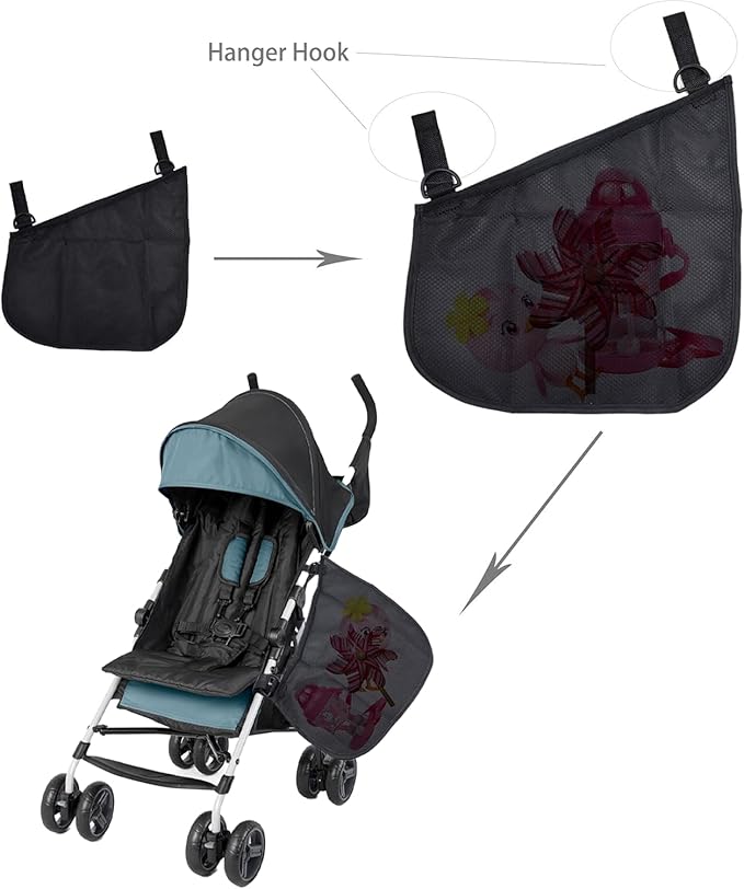 2 Pack Side Sling Cargo Stroller Net, Universal Stroller Organizer Bag, Non-Slip and Adjustable Straps Storage Mesh Cargo Net for Stroller Storage (Black)