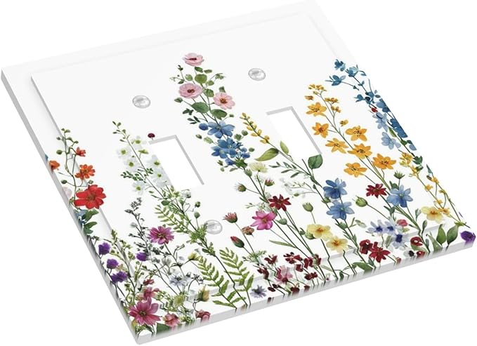 Decorative Light Switch Cover Plate Colorful Wildflowers Plants Flowers on White Background 2 Gang Switch Plate Covers Double Toggle Wall Plates Electrical Faceplate for Bathroom Home Decor