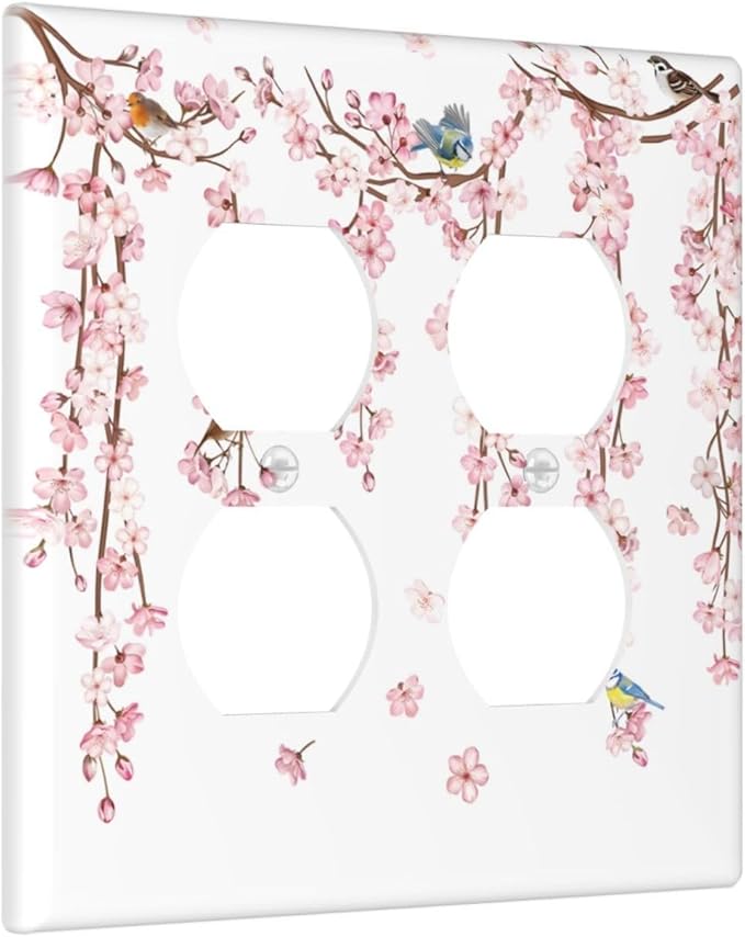 Pink Cherry Blossom Flower Vine Floral Tree Branch Birds Outlet Covers 2 Gang Double Duplex Decorative Light Switch Covers Electrical Wallplates Socket Faceplate for Bedroom Living Room Decor