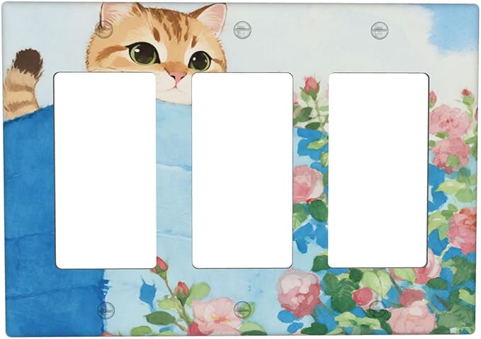 Cat Flower Triple Rocker Wall Plate Decorative 3 Gang Light Switch Covers Electrical Switchplate Home Decorate Faceplat for Bathroom Bedroom Kitchen Room 4.5 x 6.38 Inch