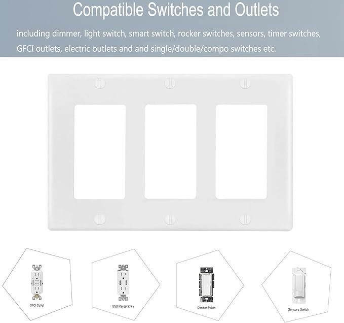 3-Gang Switch Outlet Wall Plate Cover Decorator Electrical Faceplate for Light Switche, Smart Switch, Receptacle, Dimmers, USB Outlet, GFCI, White (6-Pack)