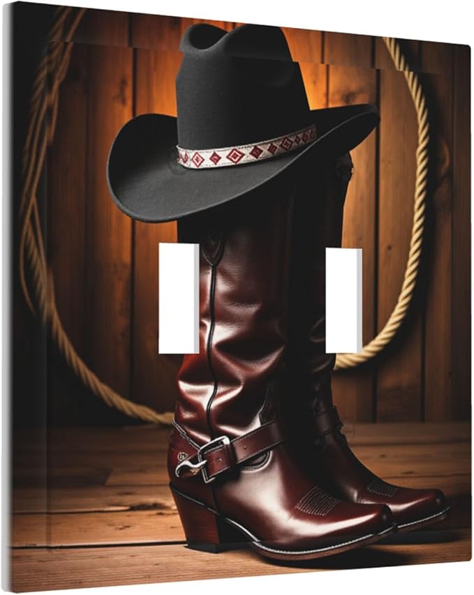 Western Cowboy Boots & Hat Double Toggle Switch Cover - 2-Gang Standard US Size Rustic Ranch Cowboy Light Switch Covers for Man Cave Bedroom Decor