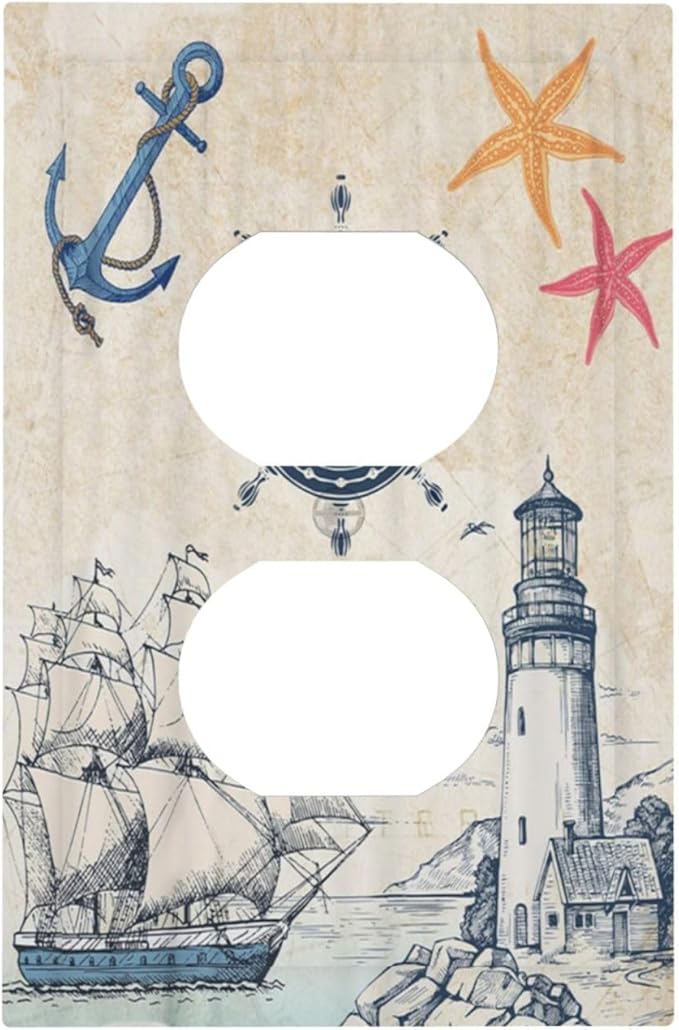 Nautical Sailboat Beach Anchor Pirate Beacon Ocean 1 Gang Outlet Plate Decorative Single Duplex Wall Plate Covers Electrical Receptacle Light Switch Cover Faceplate Switchplate for Farmhouse Decor