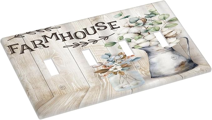 Decorative Switch Plate Covers Farmhouse Floral Cotton 4 Gang Device Light Switch Cover Rustic Country Flower Quad Toggle Wall Plate Electrical Faceplate for Country Bathroom Bedroom Decor