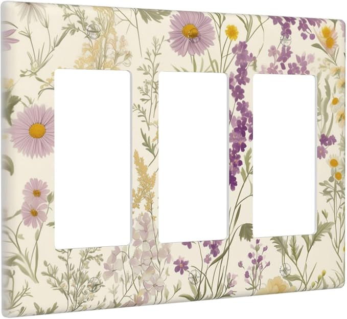 Watercolor Floral Leaves 3 Gang Rocker Outlet Covers Triple Rocker Light Switch Cover Plate Small Purple Flowers Daisies Switchplates Decorative Electrical Faceplate for Bedroom Living Room Decor