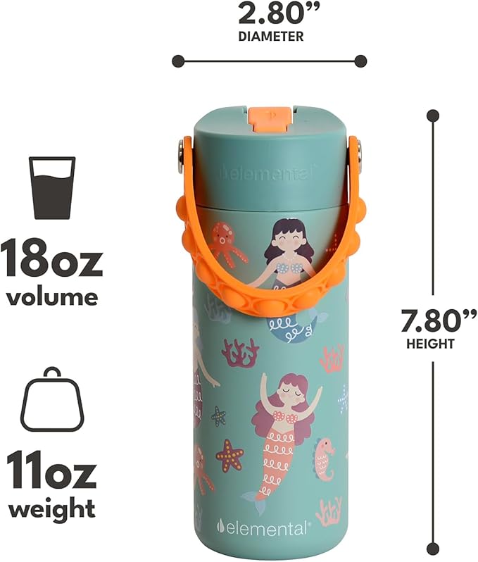 Elemental 100% Leak Proof When Spout is Closed Insulated Kids Water Bottle, Stainless Steel Bottle for School with Straw Lid & Pop-It Handle, Meowmaid & Mermaid Sisters -18oz (2 Pack)