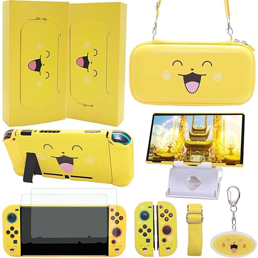 GUTIAL Accessories Bundle for Nintendo Switch - Cute Kawaii NS Accessories kit for Grils Boys Kids with Travel Carrying Case and Cartoon Dockable Cover Case, Screen Protector, Stand - Yellow