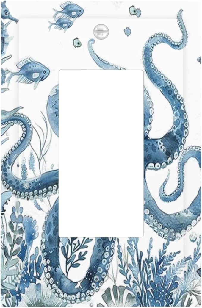 Blue Octopus Squid Seahorse Coral Watercolor Wild Sealife Decorative Outlet Covers 1 Gang Single Rocker Light Switch Cover Plate Wall Plates GFCI Faceplate for Bathroom Kids Room Decor