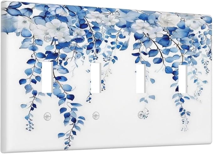Blue Eucalyptus Leaves Floral Vine Flower Light Switch Covers Quad Toggle Electrical Faceplate 4 Gang Wall Plate Decorative Switch Plates for Bedroom Living Room Decor