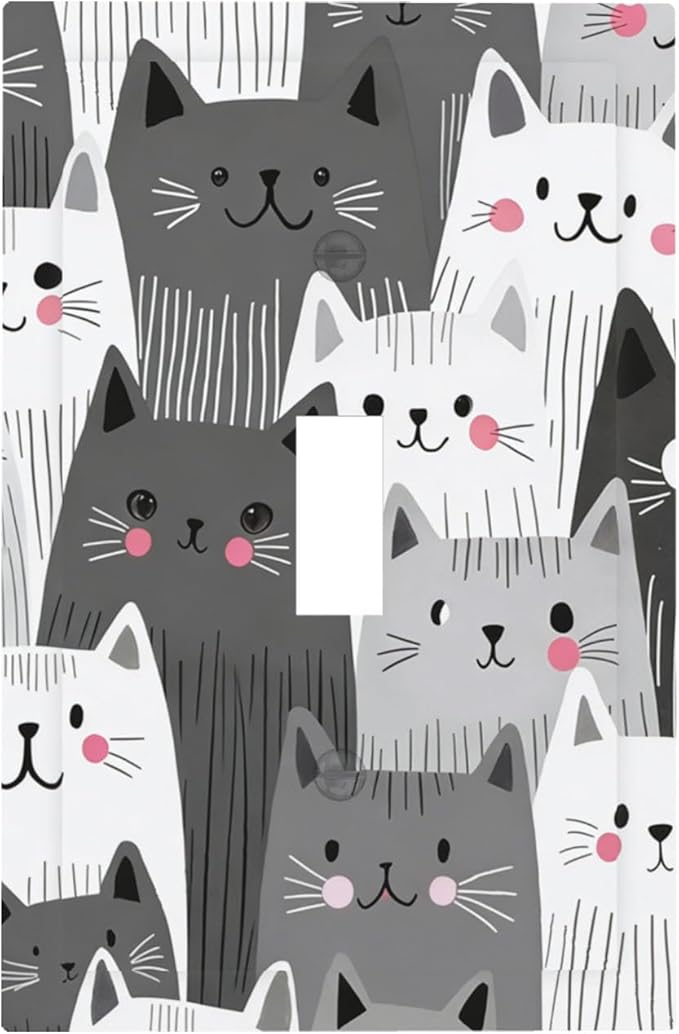 Cute Monochrome Cats 1-Gang Toggle Light Switch Plate, Funny Cat Decorative Wall Plate for Kids Bedroom