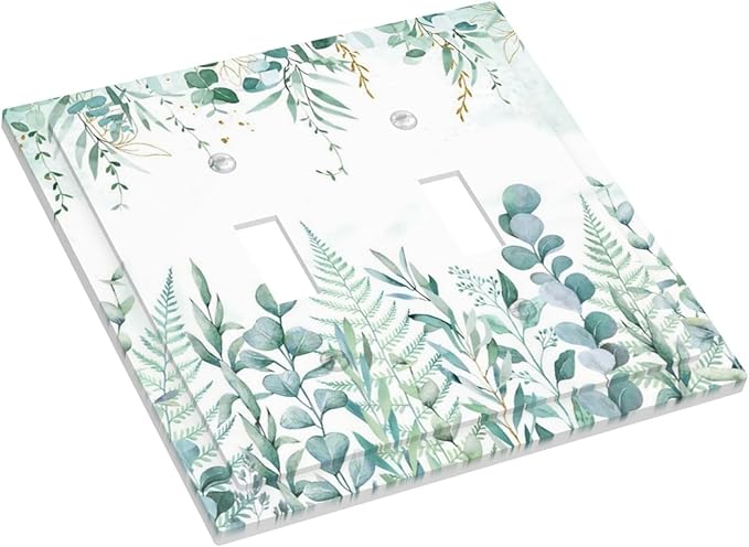 Boho Green Eucalyptus Leaf Floral Sage Flower Decorative Switch Plates 2 Gang Double Toggle Outlet Light Switch Cover Wall Plate Electrical Faceplate for Bedroom Living Room Decor