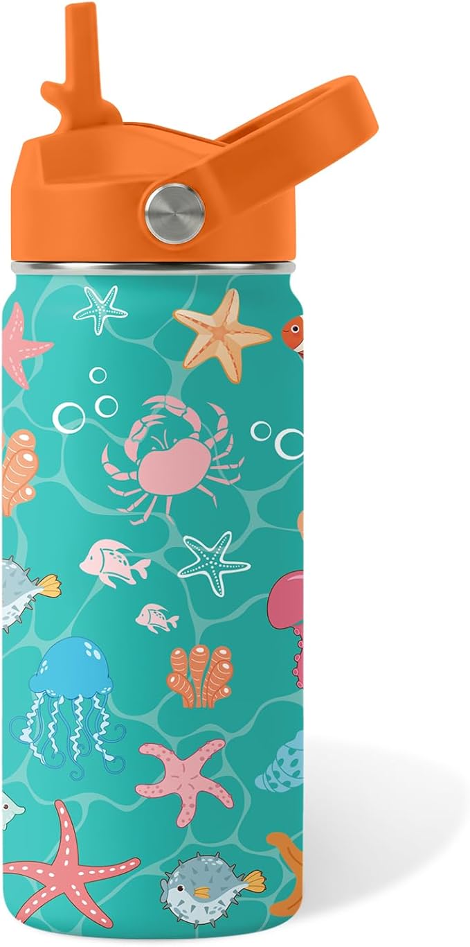 Ocean Gifts for Kids - 16 Oz Green Water Bottle with Straw Lid, Stainless Steel Insulated Tumbler, Leak Proof, BPA-Free, for Girls & Boys, School, Beach - Marine Life Lovers Birthday Gifts (1pc)