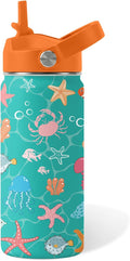 Ocean Gifts for Kids - 16 Oz Green Water Bottle with Straw Lid, Stainless Steel Insulated Tumbler, Leak Proof, BPA-Free, for Girls & Boys, School, Beach - Marine Life Lovers Birthday Gifts (1pc)