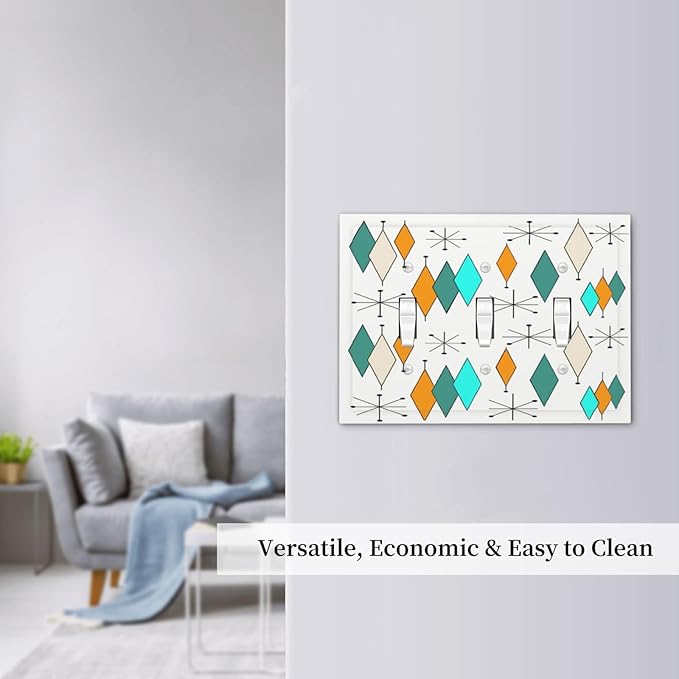 Teal/Green Mid Century Boho Abstract Triple Toggle Decorator Outlet Light Switch Wall Plate Cover 1960s Atomic Diamond Stars Pattern Art Jumbo Decorative 3 Gang Three Device Receptacle Faceplate Cover