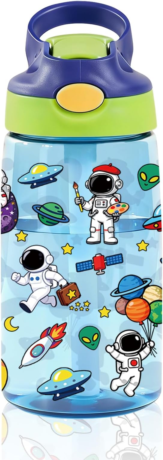 14oz Space Astronaut Kids Water Bottle with Straw Lid - Astronaut Water Bottles for Kids, Leakproof, Lightweight, Durable Plastic Bottles for School, Universe Space Gift Cup for Boys Girls