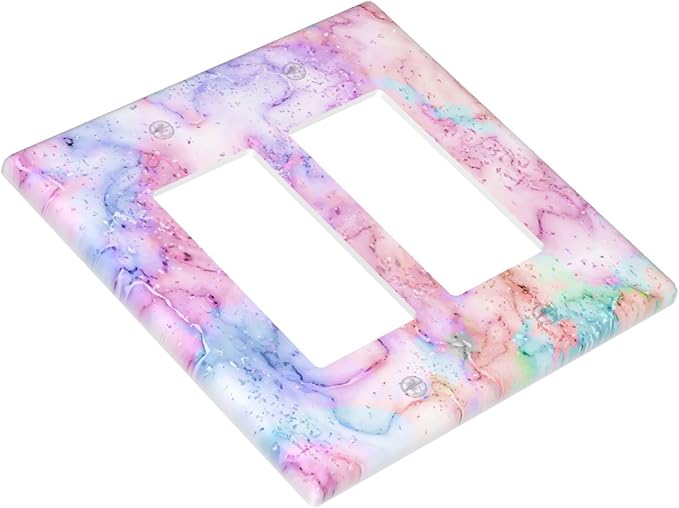 Decorative Switch Plate Covers Cute Marble Texture 2 Gang Double Rocker Decora Light Switch Cover Pink Purple Gold Abstract Dual Outlet Wall Plate Electrical Faceplate GFCI for Kids Girls Nursery