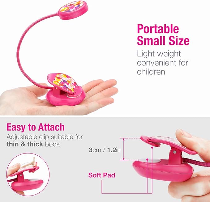 Vekkia Cute Rechargeable Book Light, Eye-Care Clip on Lights for Reading in Bed, 3 Colors & 3 Brightness, 1.8oz Lightweight, Up to 40 Hours Useage, Great Gifts for Kids & Readers (Rose Red)