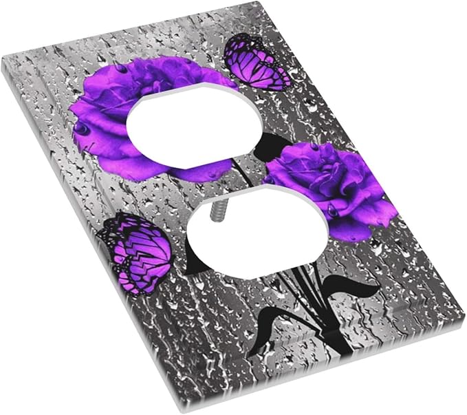 Purple Rose Butterfly Print 1 Gang Duplex Wall Plate Receptacle Outlet Covers Romantic Blossom Flowers Floral Raindrops Art Decorative Electrical Dual Device Light Switch Plug Socket Faceplate Cover