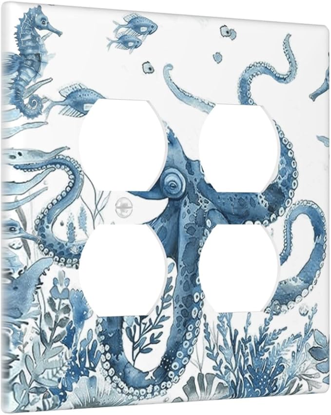 Blue Octopus Squid Seahorse Coral Watercolor Wild Sealife Outlet Covers 2 Gang Double Duplex Decorative Light Switch Covers Electrical Wallplates Socket Faceplate for Bathroom Kids Room Decor