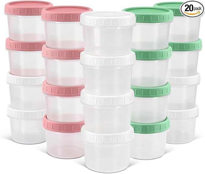 DEMORA 6 oz Small Plastic Containers with Twist on Lids [20 Sets], Stackable Little Food Storage Containers for Snack Lunch Meal Prep Salad Dressings, Freezer/Microwave/Dishwasher Safe, BPA Free
