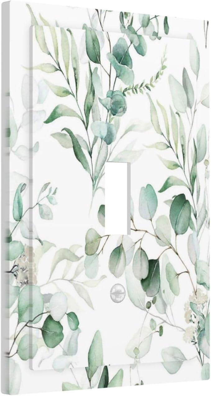 Boho Green Eucalyptus Leaf Floral Plants Flowers Decorative Light Switch Cover 1 Gang Single Toggle Device Electrical Faceplate Switchplates Decorator Outlet Wall Plate for Bed Room Living Room Decor