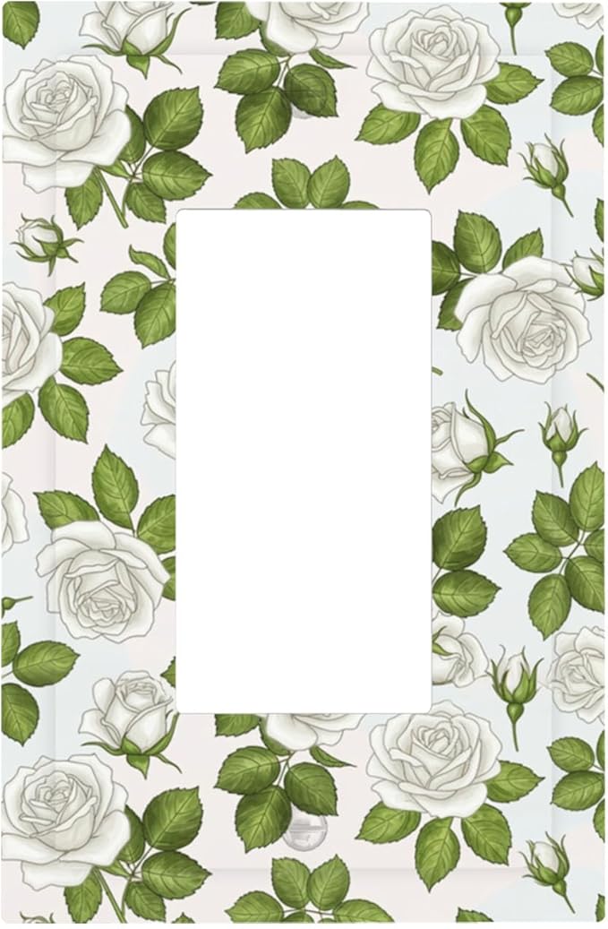 Elegant White Roses & Green Leaves Floral Single Rocker Switch Cover - 1-Gang Standard US Size Timeless Rose Garden Light Switch Covers for Bathroom Bedroom Vanity Decor