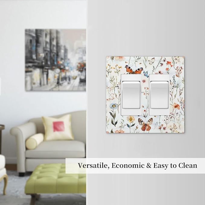 Decorative Outlet Covers Butterfly Floral Boho Multicolor Flower Leave 2 Gang Double GFCI Rocker Electrical Wall Panels Light Switch Cover Plate for Bed Room living Room Decor
