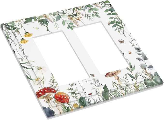 Decorative Outlet Covers Sage Plant Red Mushroom Butterfly Wild Flower 2 Gang Double Gfci Rocker Electrical Wall Panels Light Switch Cover Plate For Bed Room Kids Room Decor