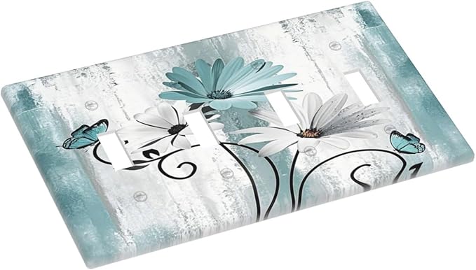 Light Switch Cover Plate Teal Daisy Floral Butterfly Vintage Wood 4 Gang Quad Toggle Decorative Switch Plates Wall Panels Electrical Wall Plates Faceplate for Bathroom Bedroom Decor