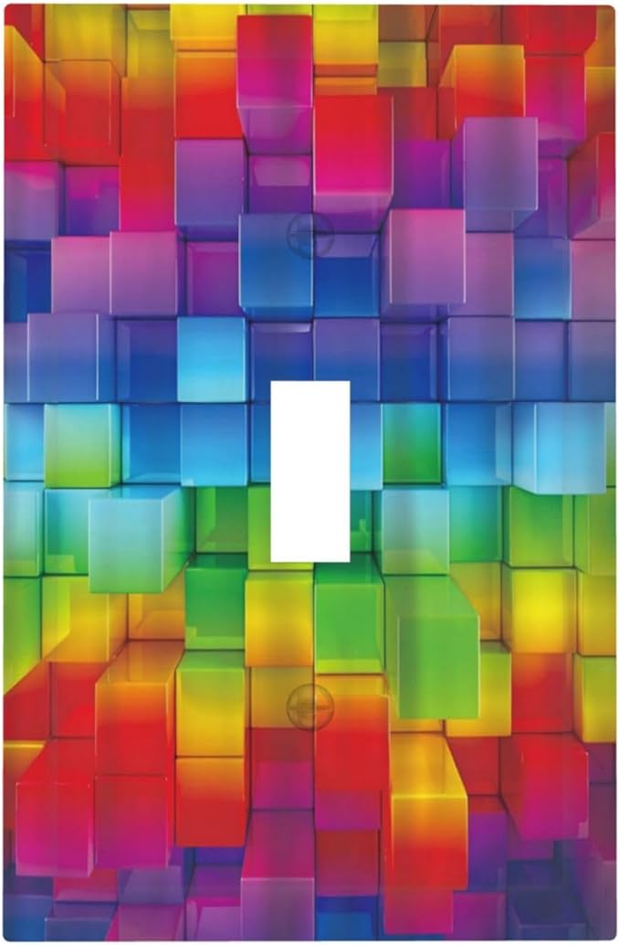 3D Colorful Rainbow Wall Abstract Squre Shaped 1 Gang Light Switch Covers Decorative Unique Single Toggle Wall Plate Switchcover Electrical Switchplate for Kitchen Bathroom Bedroom Decor