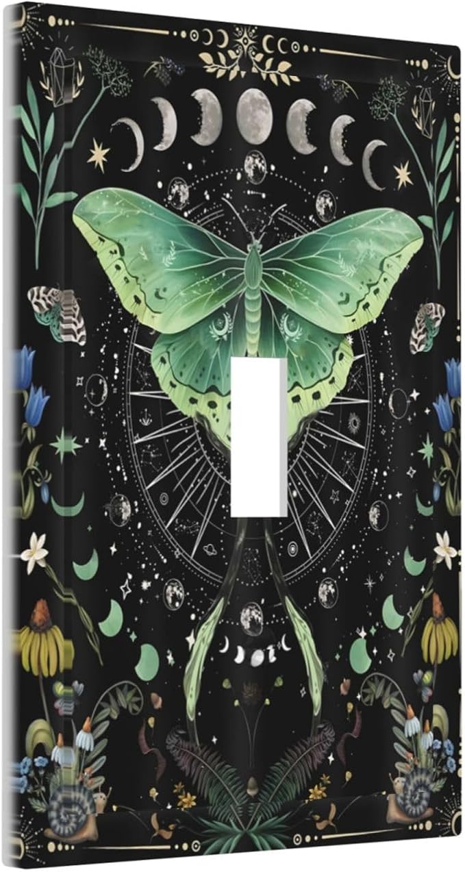 Moon Phase Butterfly Wildflower Plant Mysterious Night Moonlit Decorative Light Switch Cover 1 Gang Single Toggle Device Electrical Faceplate Switchplates Decorator Outlet Wall Plate for Bedroom