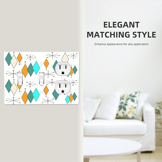 70s Abstract Boho Geometric Mid Century Atomic 3 Gang 2-Toggle 1-Duplex Combo Wall Plate Decorative Light Switch Outlet Wallplate Faceplate Cover