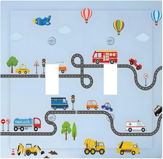 Road Construction Car Truck Hot Air Balloon Decorative Switch Plates 2 Gang Double Toggle Outlet Light Switch Cover Wall Plate Electrical Faceplate for Nursery Kids Room Decor