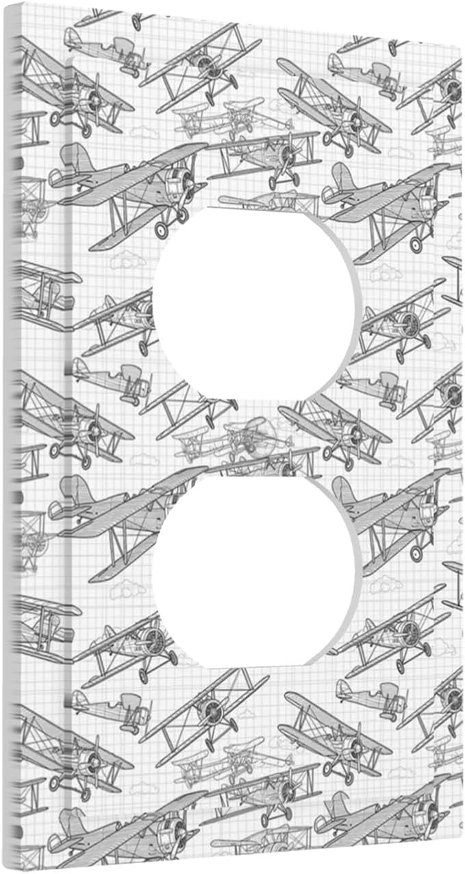 Vintage Biplane Duplex Wall Plate - 1-Gang Standard US Size Aviation Blueprint Grid Outlet Covers, Retro Pilot Dream for Boys Room