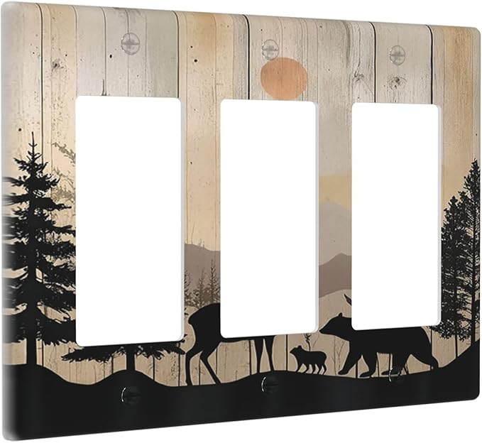 Light Switch Covers Wood Board Wildlife Cute Bear Deer Forest Rustic 3 Gang Rocker Electrical GFCI Decorative Triple Outlet Wall Plate Cover Switchplate for Bathroom Farmhouse Decor