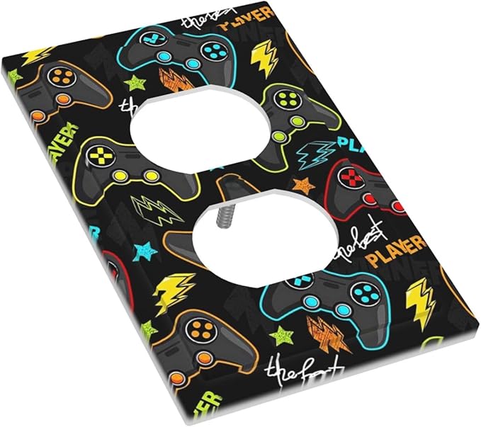 1 Gang Duplex Receptacle Switch Wall Plate Funny Graffiti Video Games Controller Gaming Gamer Teen Kids Boys Gamepad Switchplate Jumbo Size Electrical Outlet Cover Receptacle Plug Cover Faceplate