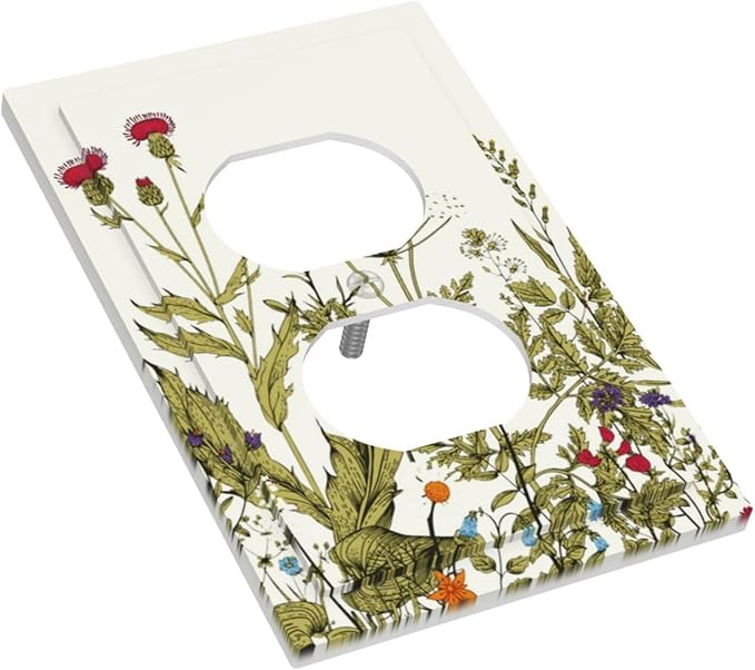 Colorful Country Vintage Colored Wild Flowers Floral 1 Gang Device Duplex Outlet Covers Receptacle Wallplate Blossom Herbs Spring Plant Sage Decorative Light Switch Cover Switch Face Wall Socket Plate