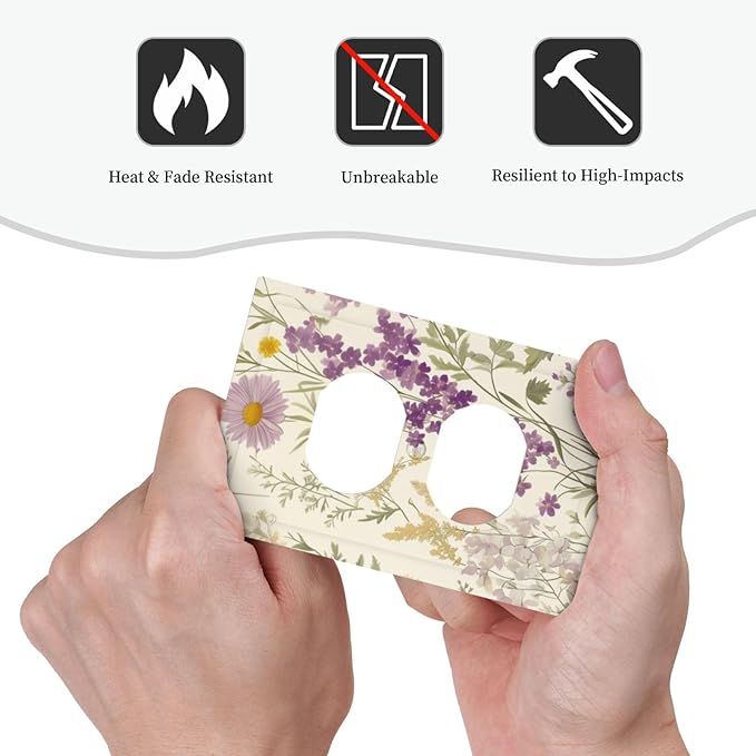 Watercolor Floral Leaves 1 Gang Electrical Duplex Outlet Covers Small Purple Flowers Daisies Light Switch Cover Receptacle Wall Plate Decorative Faceplate for Country Bedroom Living Room Decor