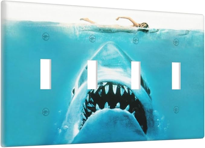 Beach Shark Oceanjaws Movie Vintage Look Light Switch Covers Quad Toggle Electrical Faceplate 4 Gang Wall Plate Decorative Switch Plates Cover for Bathroom Kids Room Decor